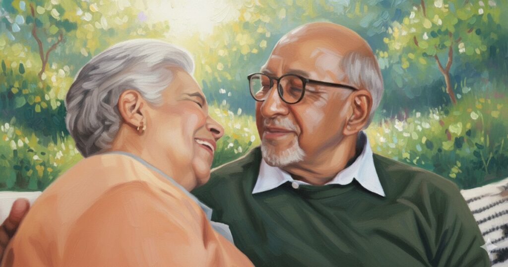 Impressionist painting of a smiling senior couple in a serene outdoor setting with green trees and soft lighting.