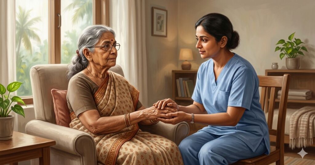 A realistic digital painting of an elderly Indian woman with grey hair and glasses, wearing a traditional beige patterned saree, sitting in a beige armchair near a window looking out onto palm trees. A young female caregiver in blue scrubs is kneeling beside her on a wooden chair, gently holding the older woman's hands in both of hers and looking at her with a compassionate, reassuring expression. The indoor setting is warm and homely with natural light.