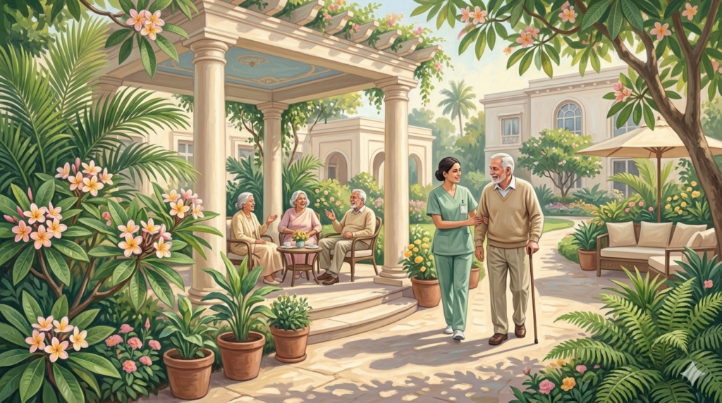 A detailed digital illustration of a sun-drenched courtyard and garden within a luxury senior living community in Bengaluru, India. Diverse, happy elderly residents are shown: three are socialising under a classical gazebo, and an elderly man with a cane is walking supported by a caregiver. The garden is filled with blooming frangipani trees, palms, potted plants, and outdoor lounge areas. The background shows an elegant, classical-style residential building.