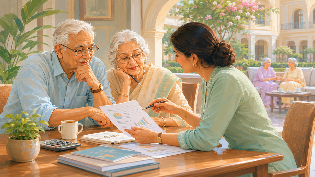 Painterly illustration of an elderly couple in Delhi-NCR discussing assisted living expenses with an advisor, reviewing monthly fees, deposits, and care-related costs in a warm indoor setting.
