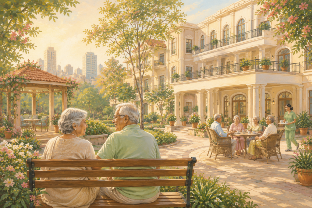 Illustrated senior living community courtyard with elderly residents relaxing outdoors in a lush garden setting beside a warm beige assisted living facility in Delhi-NCR.