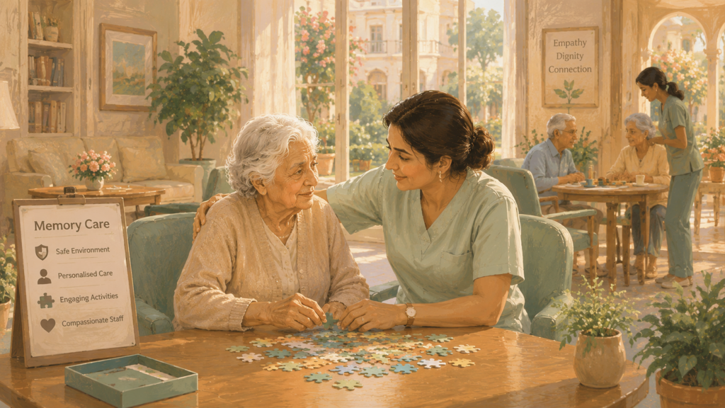 Illustrated dementia care facility in Delhi-NCR with a caregiver assisting an elderly woman during a memory activity in a calm, supportive senior living environment.