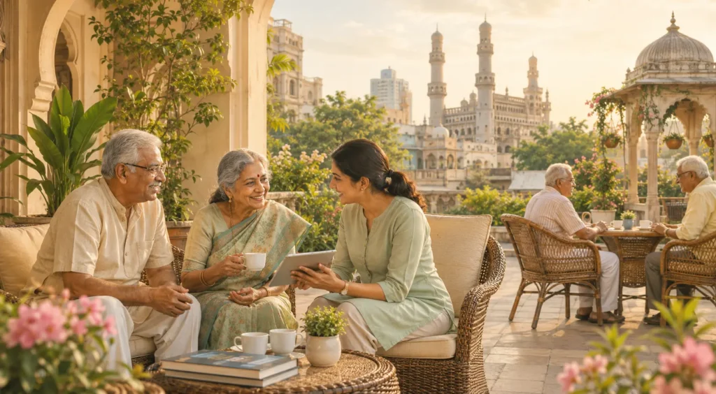 Assisted living facility in Hyderabad featuring senior residents, a caregiver, landscaped outdoor spaces, and Hyderabadi-inspired architecture, representing senior living options in 2026.