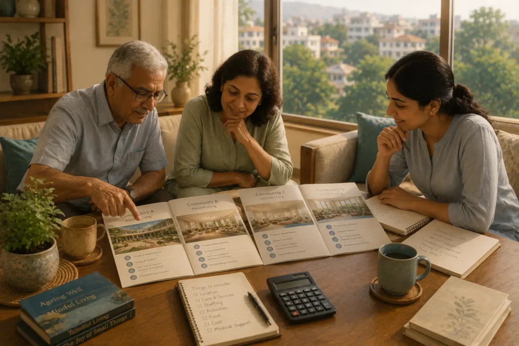 An adult daughter and senior parents sitting at a wooden table reviewing financial documents and calculating assisted living costs.