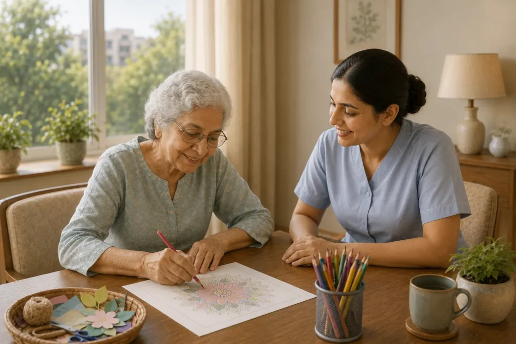 A caregiver guiding an elderly woman through a cognitive drawing activity at a table.