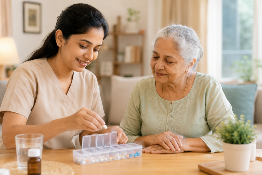 A caregiver prepares a medicine organizer while an older woman sits beside her.