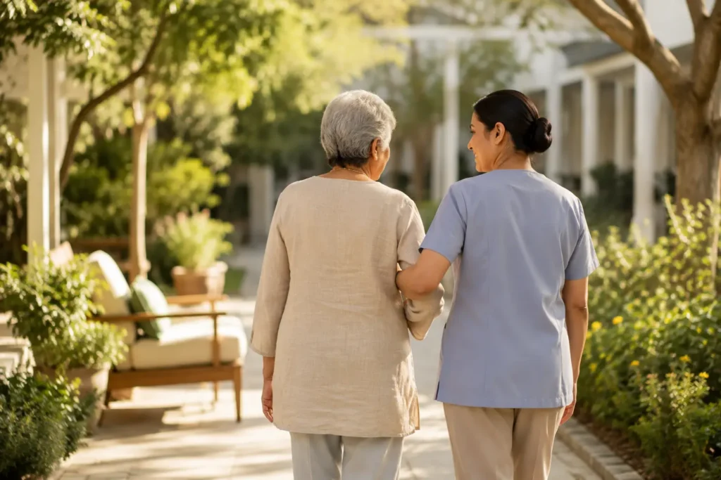 A caregiver in scrubs gently supporting an elderly woman from behind as they walk together outside near a senior living facility.