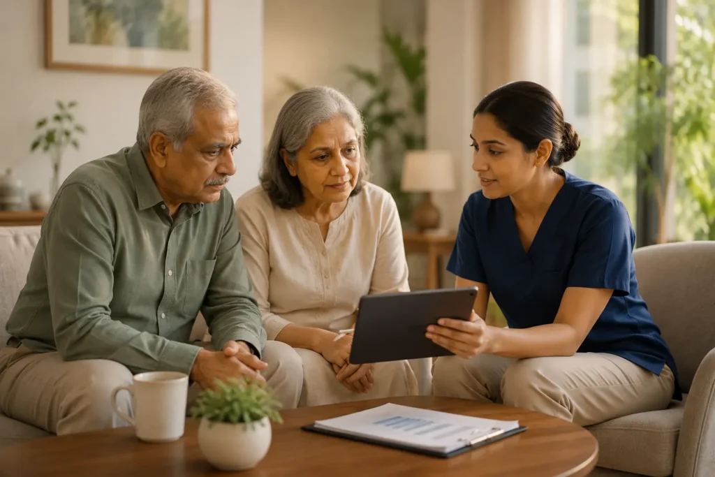 An elderly Indian couple sitting together at a wooden table in a brightly lit room while discussing documents with a young female care advisor or counselor.