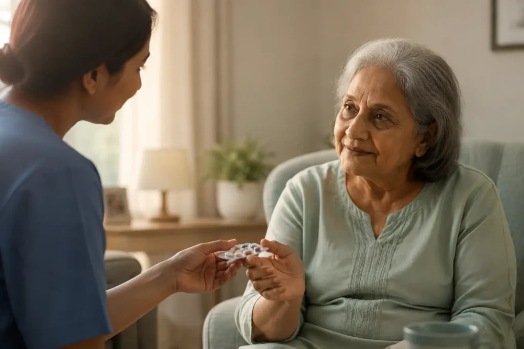 A caregiver holding hands and offering assistance to an elderly woman seated in a brightly lit indoor living room.