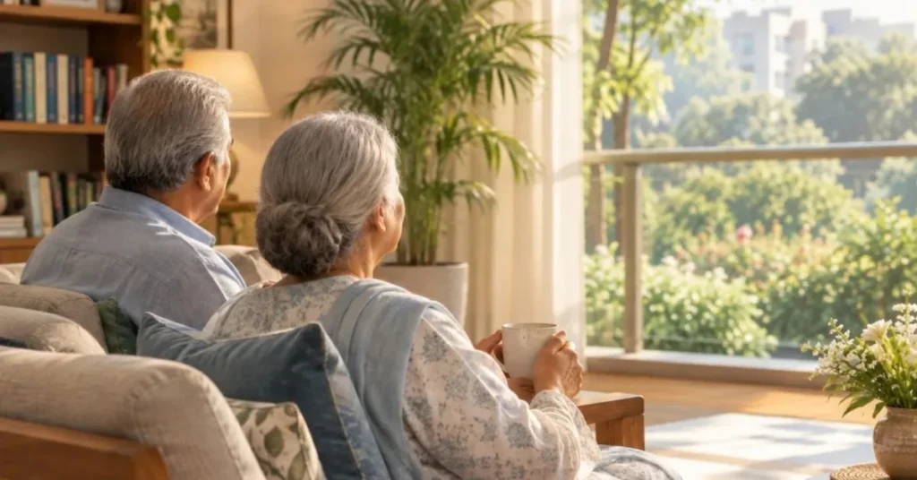An elderly couple sitting near a large window inside a bright, modern apartment, enjoying a view of lush greenery outside.