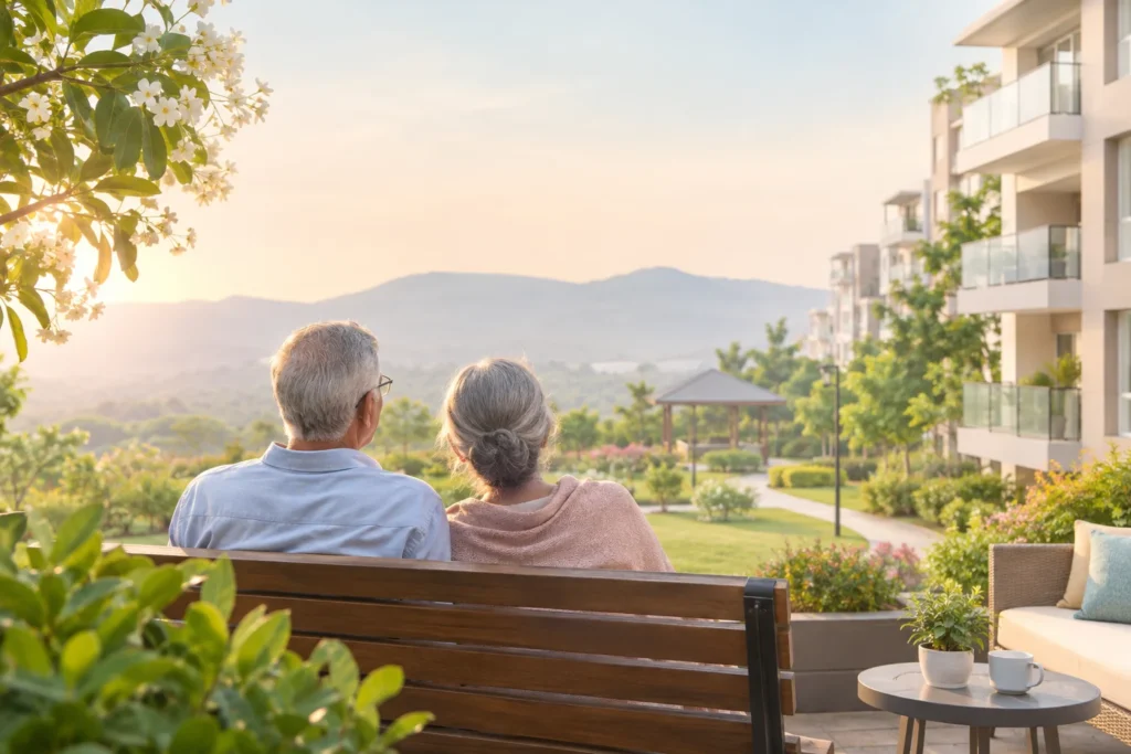Older couple looking out a window at a scenic retirement community in Pune