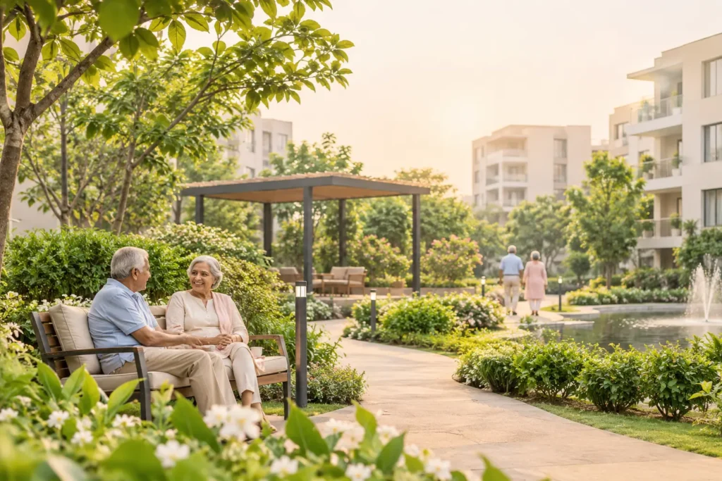 Retirement community in Gurgaon with landscaped gardens, walking paths, and older adults enjoying the outdoor spaces.