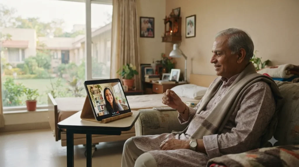 An elderly Indian man smiling warmly while holding a tablet for a video call with his daughter overseas, in a comfortable living room.