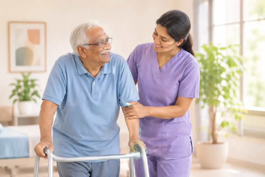 An older adult receiving support with walking and mobility during recovery after a hospital stay.